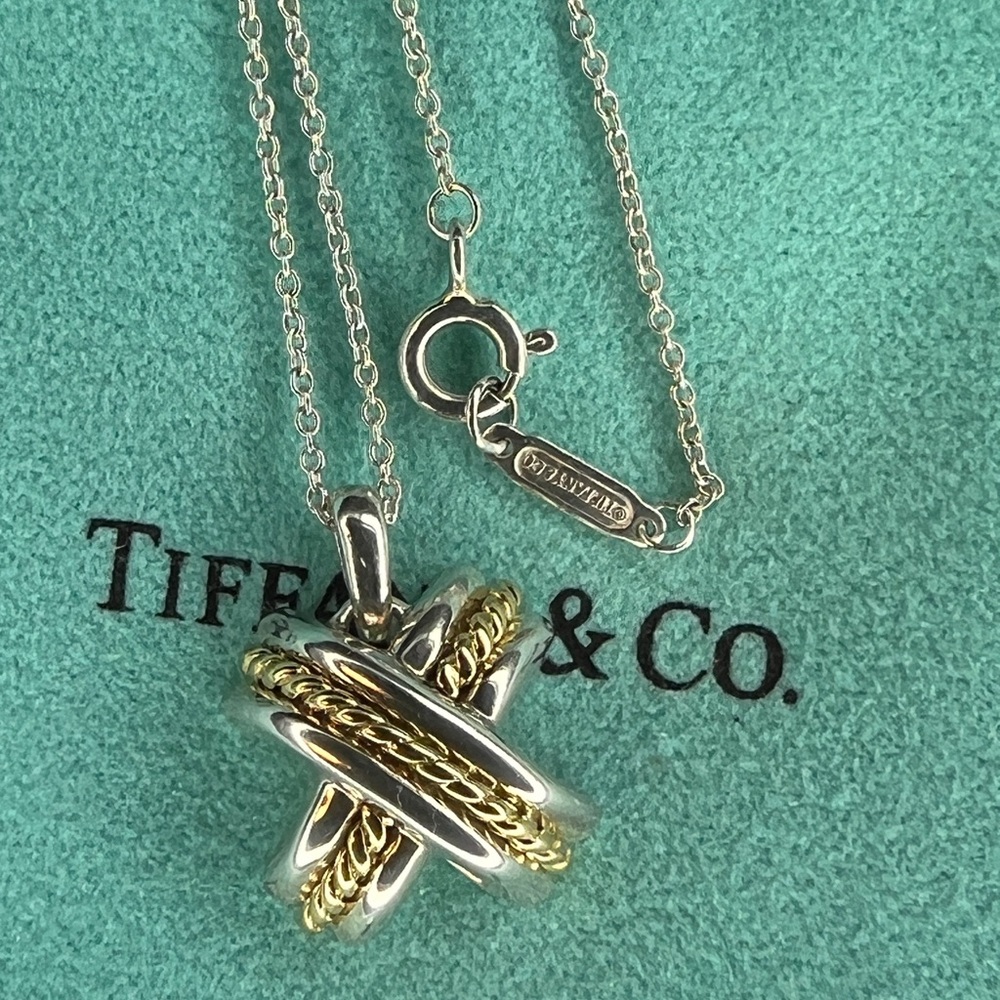 Tiffany & Co. Sterling Silver 18K Yellow Gold Signature X Pendant Necklace 16“